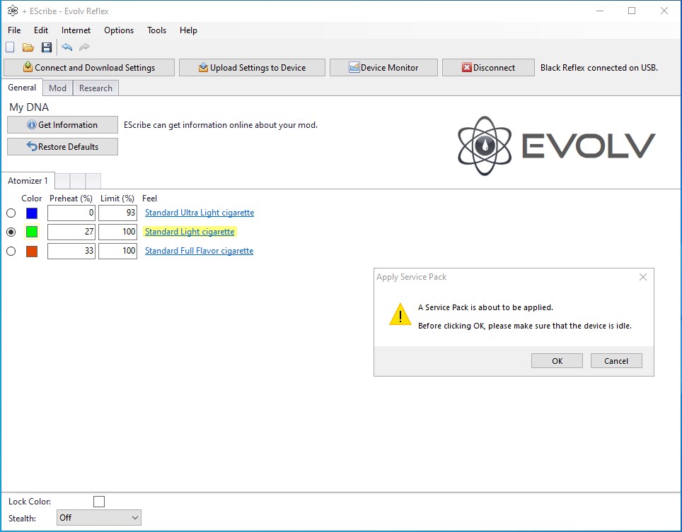 Evolv Reflex firmware update confirmation screen